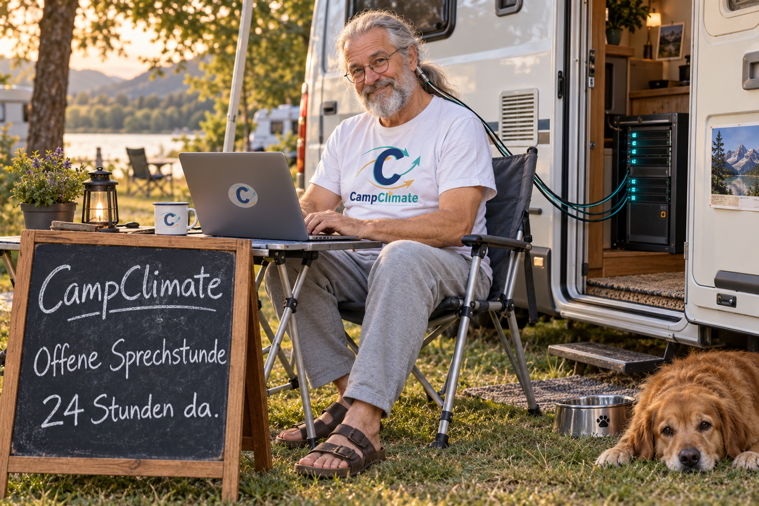 Unsere KI-Figur Klaus: grauer Zopf, Bart und Brille, gemütlich am Laptop vor dem Camper. Kabel verbinden ihn mit einem kleinen Server im Fahrzeug.