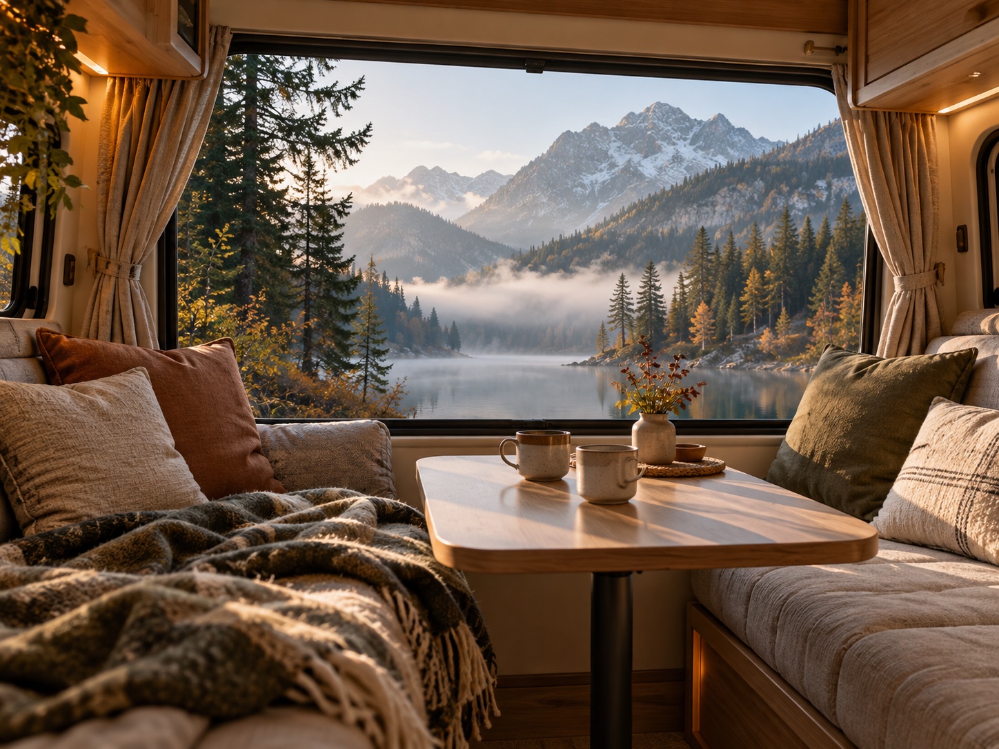 Gemütliche Sitzgruppe im Camper mit Blick auf einen See